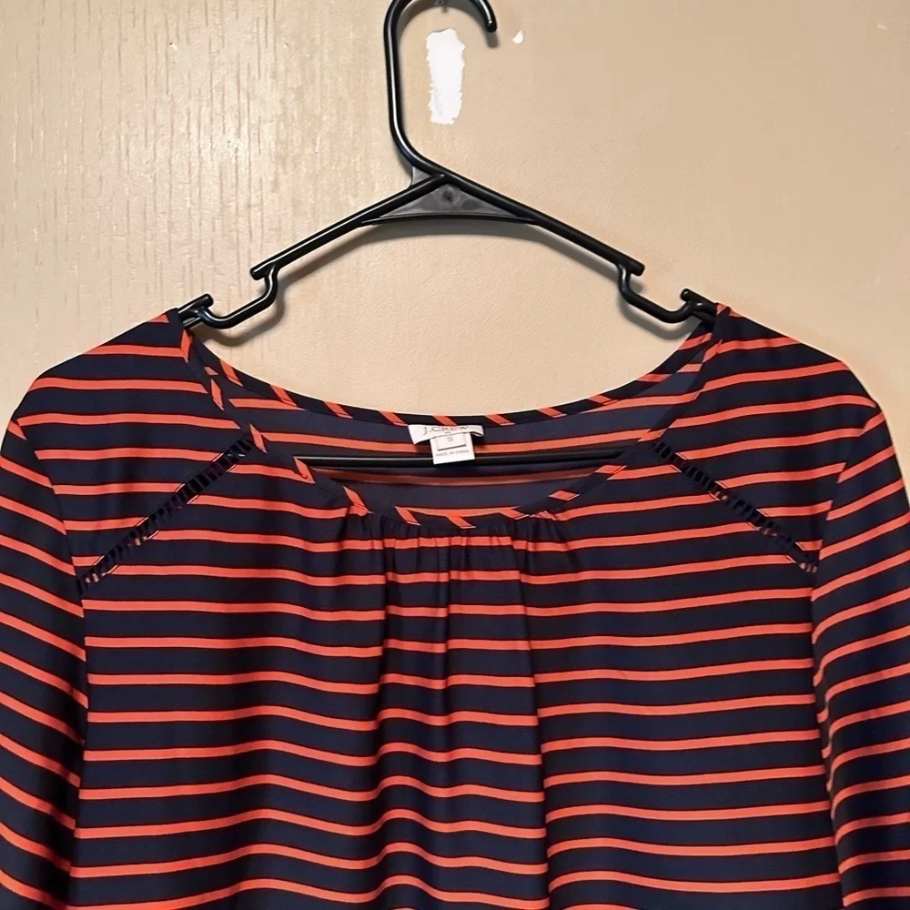 J. Crew Small Navy Orange Stripped Embellished Hem Blouse Preppy Nautical